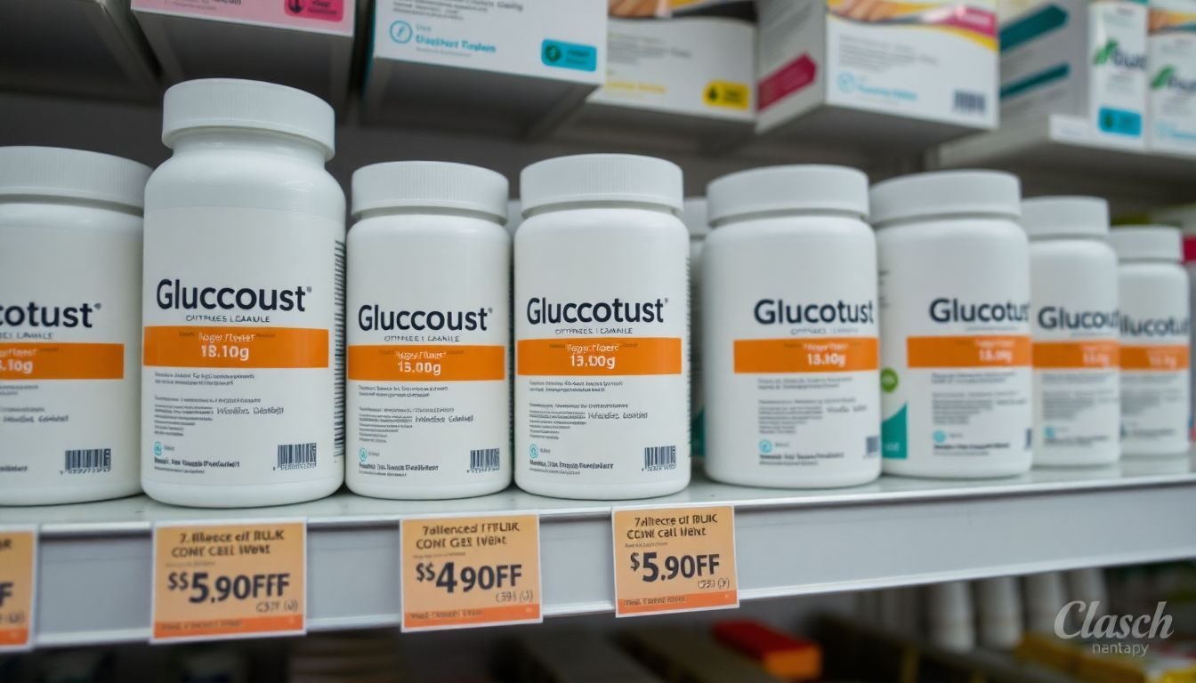 Glucotrust containers with discounted bulk prices on pharmacy shelf.