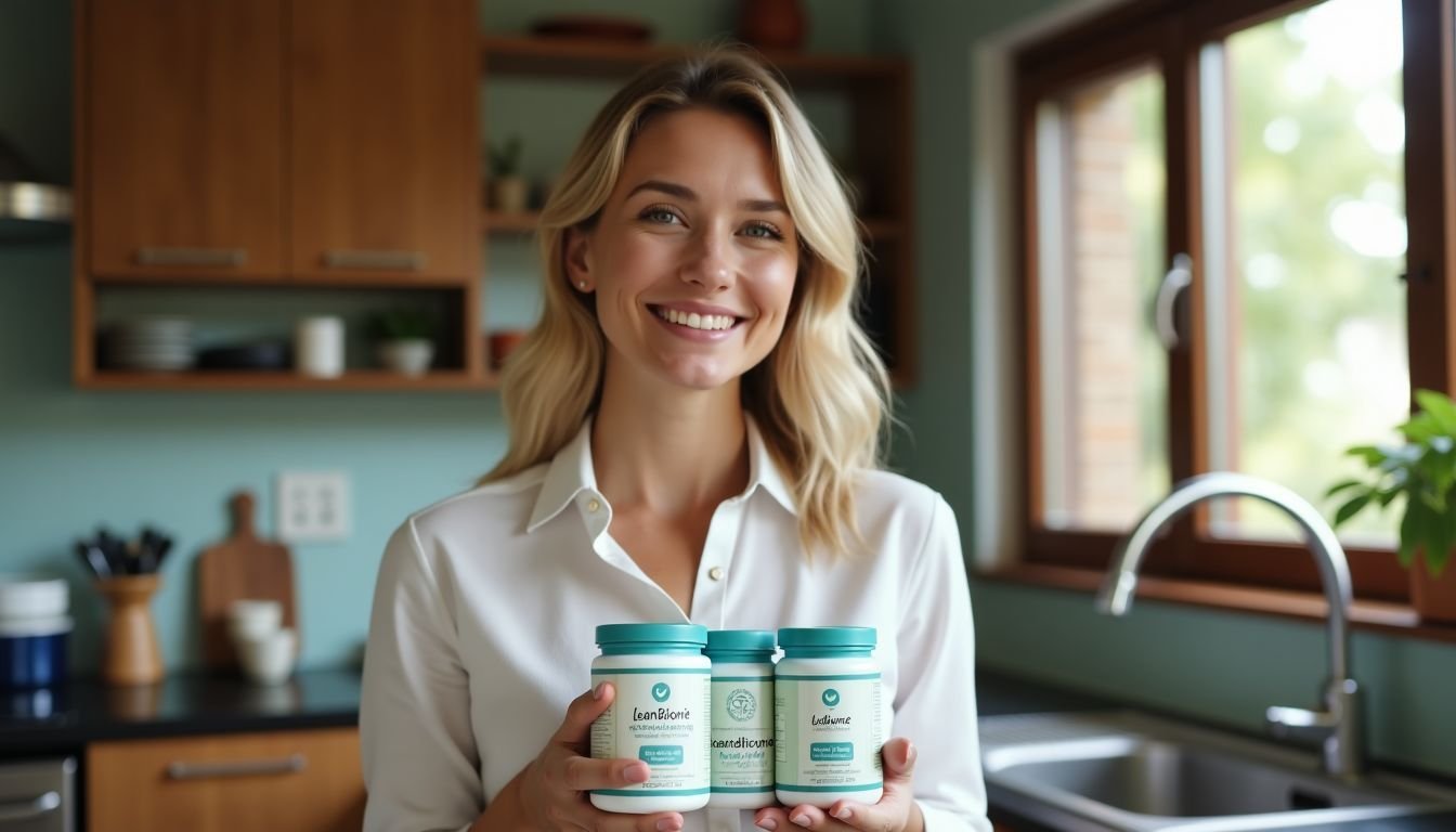 A woman smiles while holding a pack of LeanBiome in a kitchen.