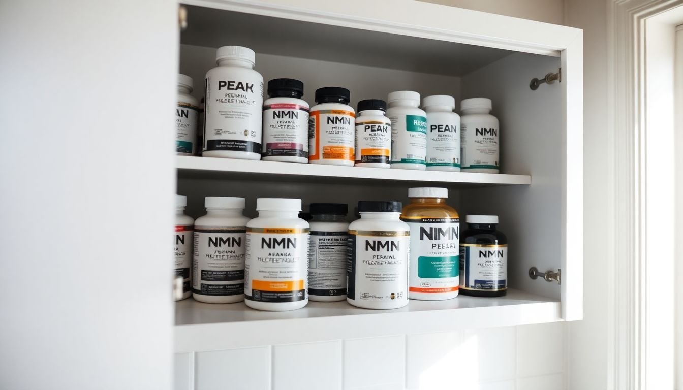 A medicine cabinet filled with Peak Performance NMN supplement bottles.