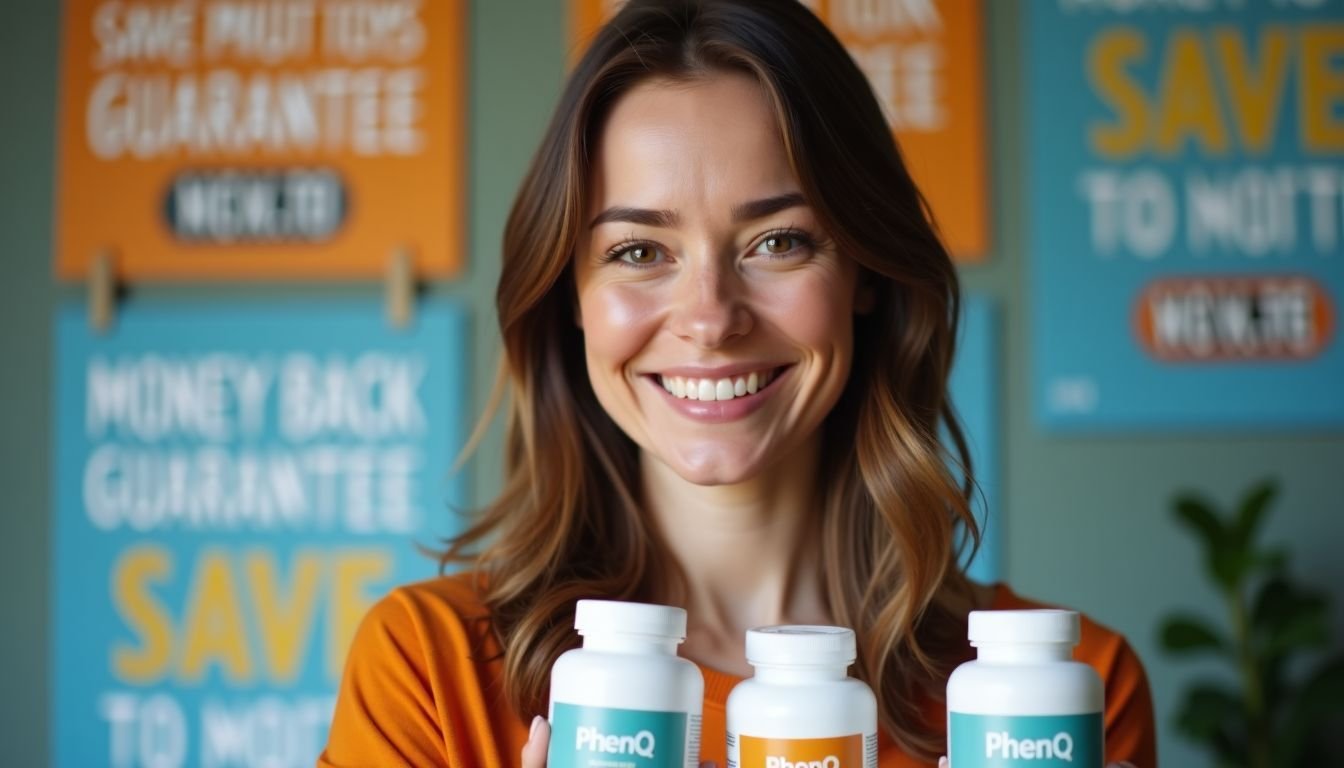 A woman holding bottles of PhenQ weight loss pills in a store.