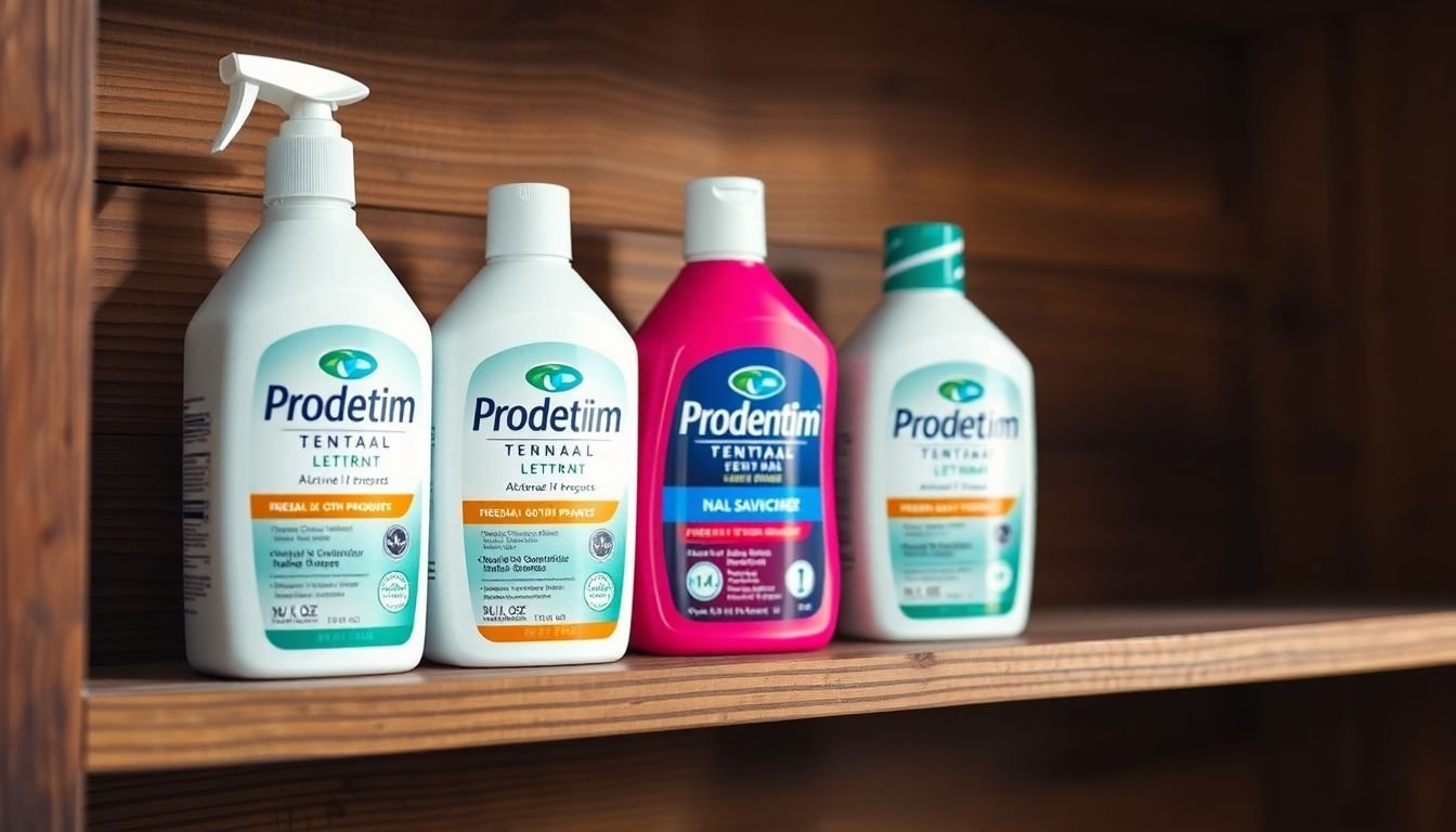 Three Prodentim dental care product bottles on a rustic wooden shelf.