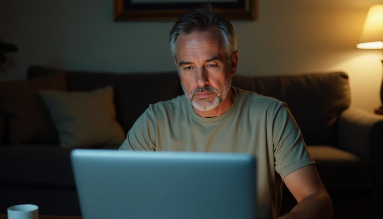 A man compares Prostadine prices on his laptop in a cozy living room.