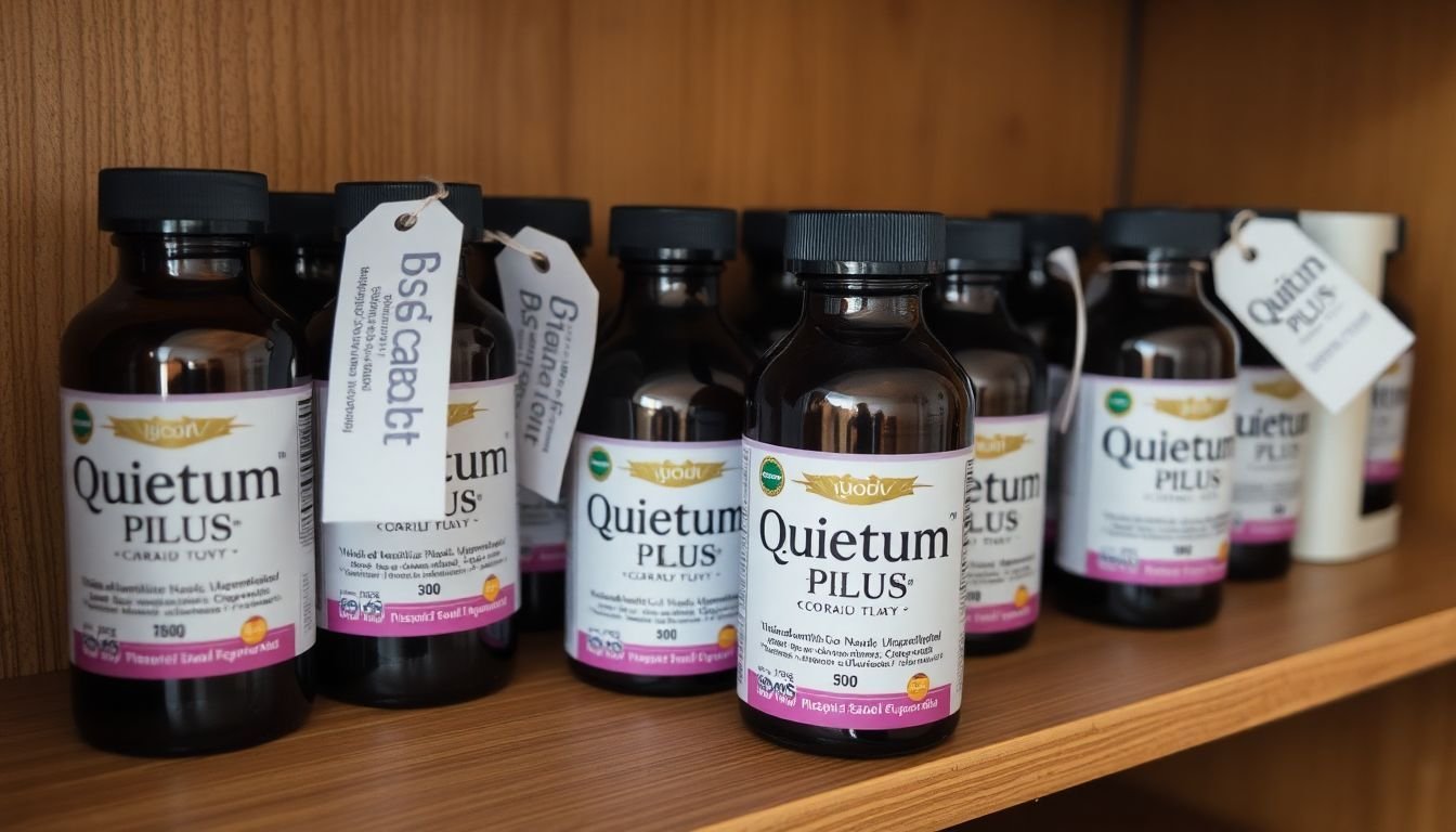 Close-up photo of Quietum Plus bottles on a wooden shelf with discounted prices.